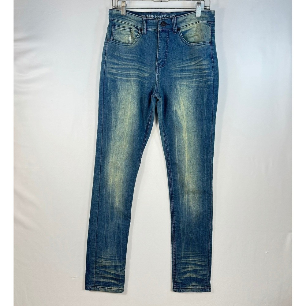 Vintage Genes Black Men Slim Fit Jeans Blue Whiskered Fade W30 L32 Stretch Denim